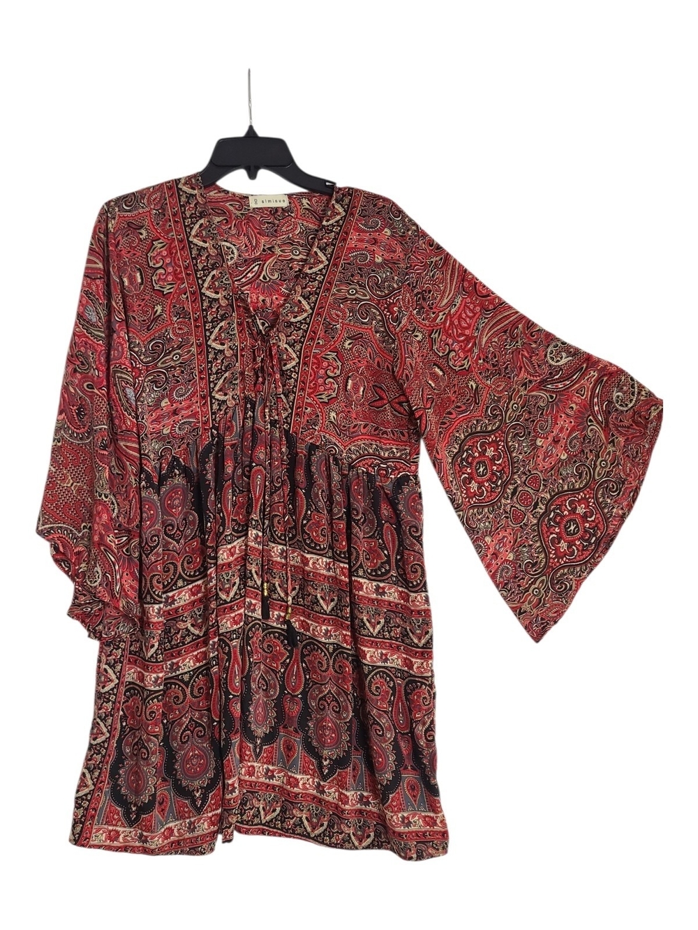 Simisue Boho Paisley Tunic Dress One Size Red Black Lace Up Tassel Bell Sleeve